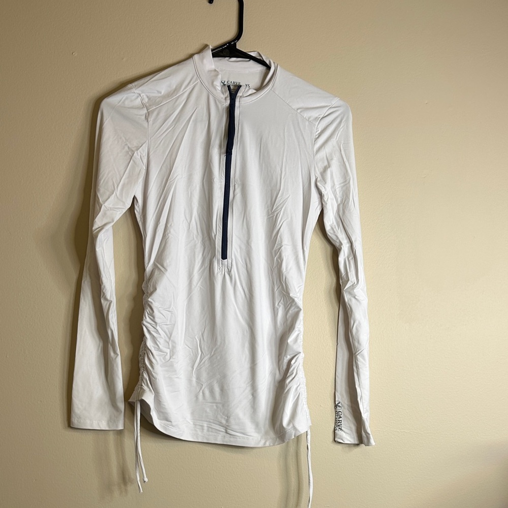 Carve Designs White Long Sleeve Swim Coverup with Navy Zip